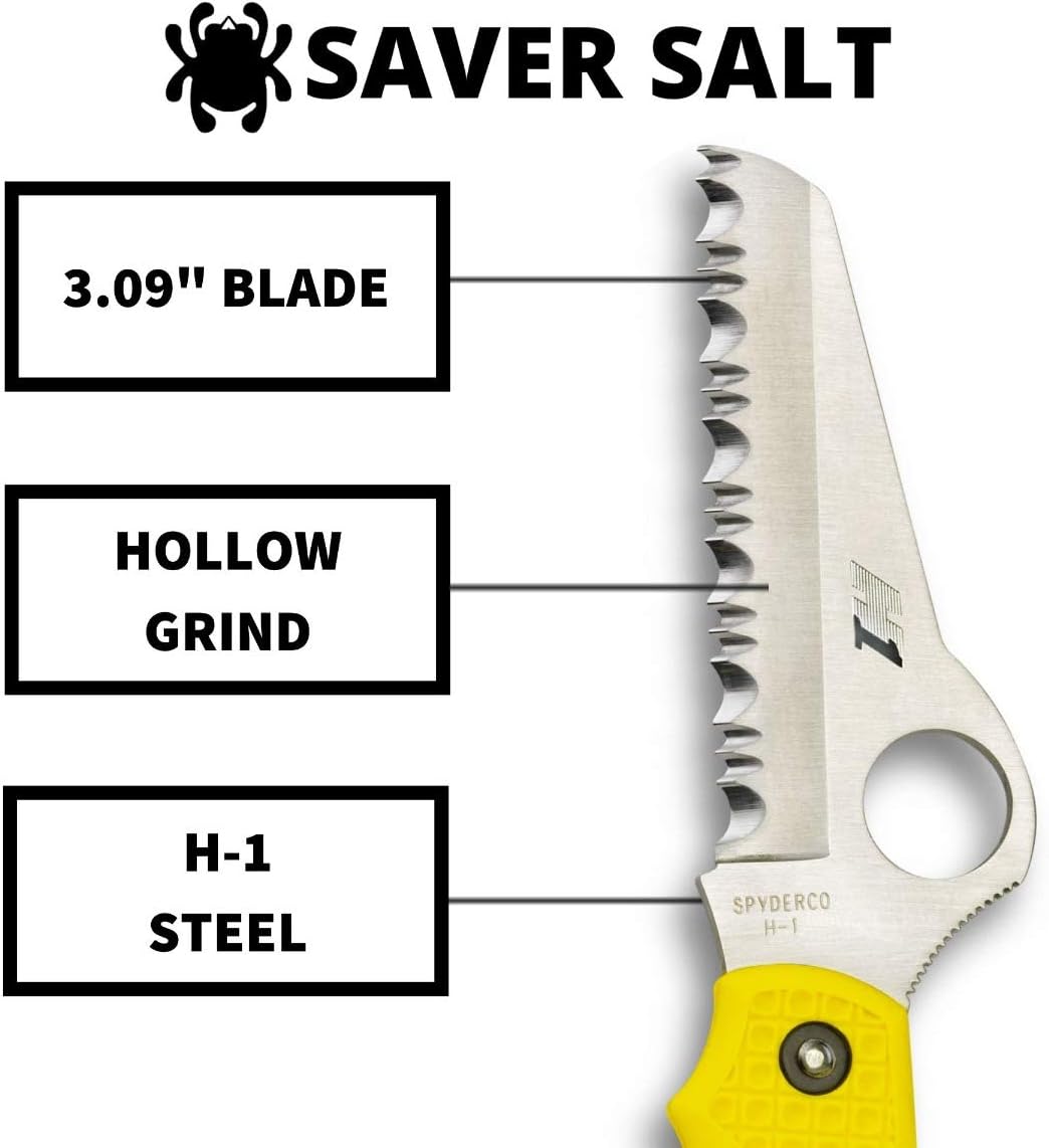 Spyderco Saver Salt Knife with 3.09" H-1 Corrosion-Resistant Stainless Steel Blade and Lightweight Yellow FRN Handle