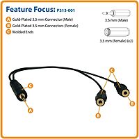 Tripp Lite 3.5mm Mini Stereo Cable adapter Y Splitter for Speakers and Headphones (M to 2x F) 1-ft.(P313-001)