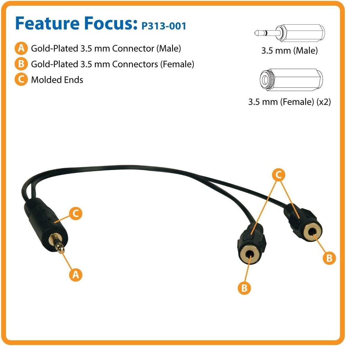 Tripp Lite 3.5mm Mini Stereo Cable adapter Y Splitter for Speakers and Headphones (M to 2x F) 1-ft.(P313-001)