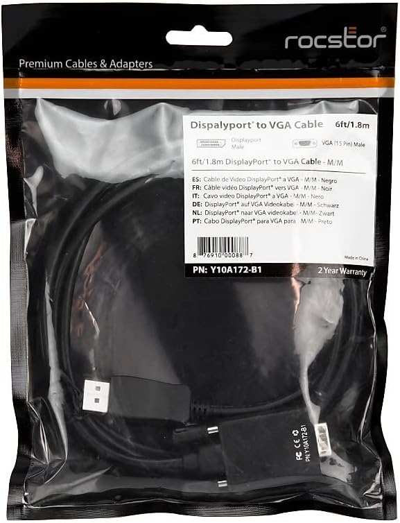 Rocstor Premium 6 Ft Displayport to VGA Cable M/Displayport to VGA Supporting 1920x1200 1080P at 60Hz - DP/VGA Cable