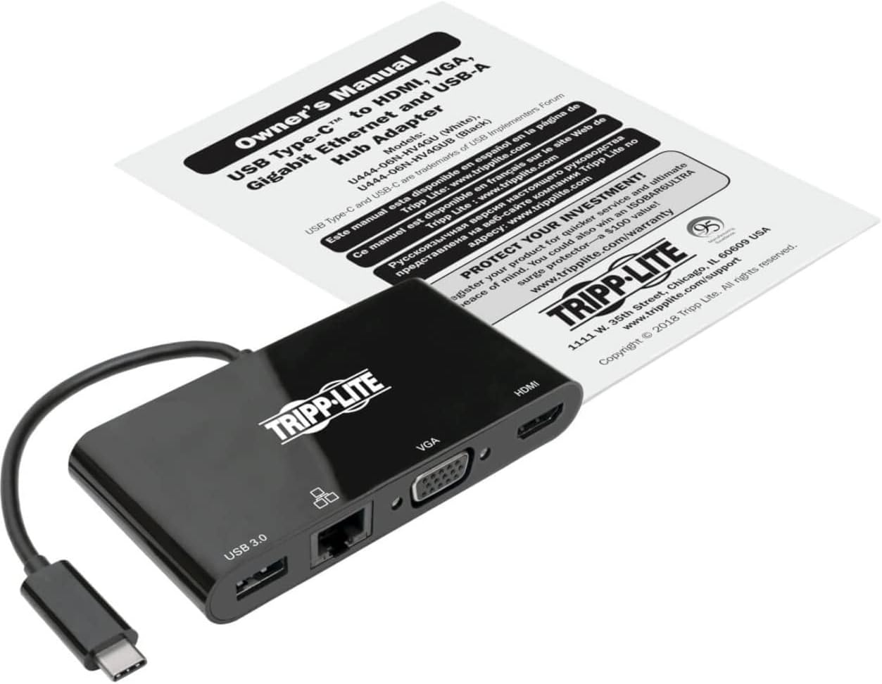Tripp Lite USB-C Hub with 4K HDMI, 1080P VGA, Gigabit Ethernet, USB-A 3.0, Thunderbolt 3, DisplayPort Alt Mode, 5 Gbps