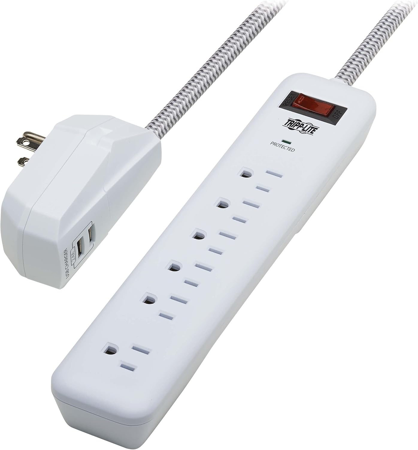 Tripp Lite Surge Protector Power Strip 7-Outlet with 2 USB Ports 6ft Cord White (TLP616USB)
