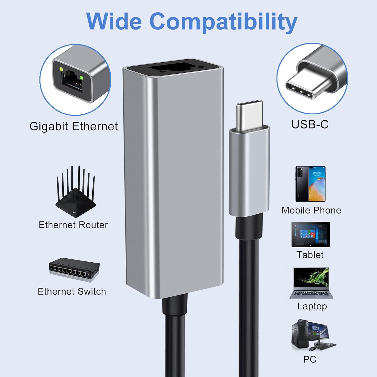 AUH-5000 USB-C to Ethernet Network Adapter - Gigabit Speed, Aluminum Alloy Case, LED Indicator, Plug & Play