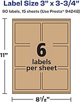 Avery Kraft Brown Rectangle Labels, Sure Feed Technology, 3" x 3.75", 90 Kraft Brown Labels, Print-to-The-Edge, Laser/Inkjet Printable 90 labels