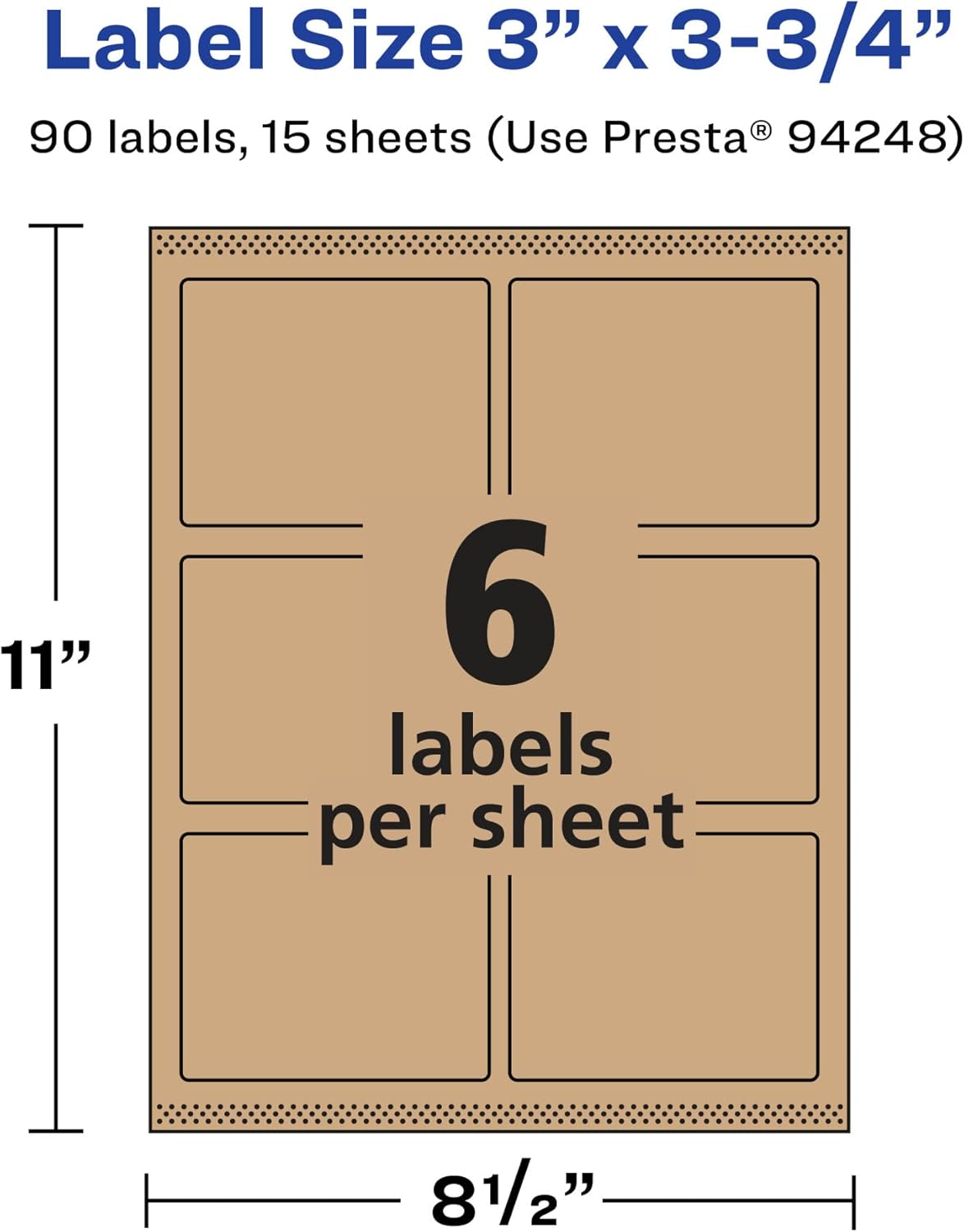 Avery Kraft Brown Rectangle Labels, Sure Feed Technology, 3" x 3.75", 90 Kraft Brown Labels, Print-to-The-Edge