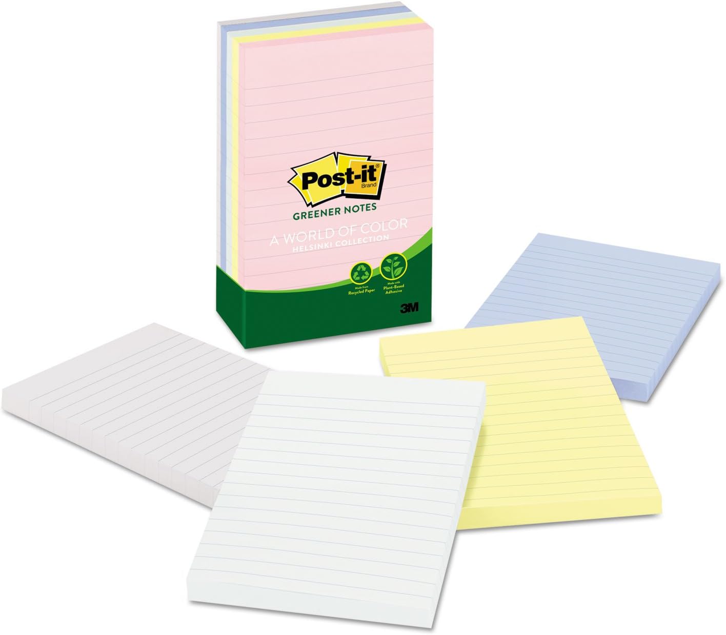 Post-it Greener Notes, 4 in x 6 in, 5 Pads, 100 Sheets/Pad, Lined, Clean Removal, School Supplies and Office Products