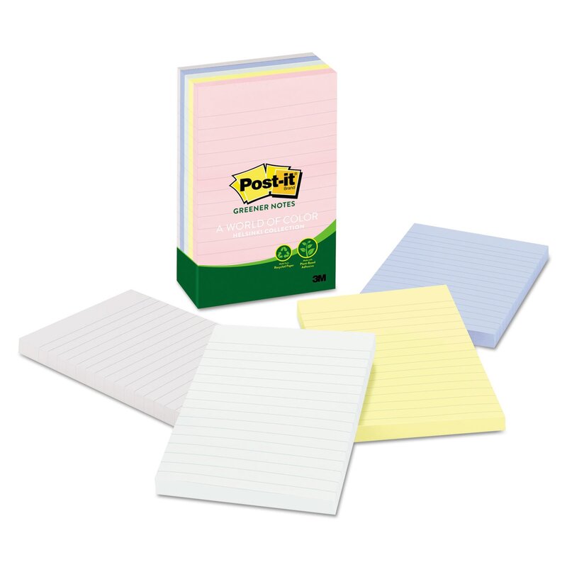 Post-it Greener Notes, 4 in x 6 in, 5 Pads, 100 Sheets/Pad, Lined, Clean Removal, School Supplies and Office Products