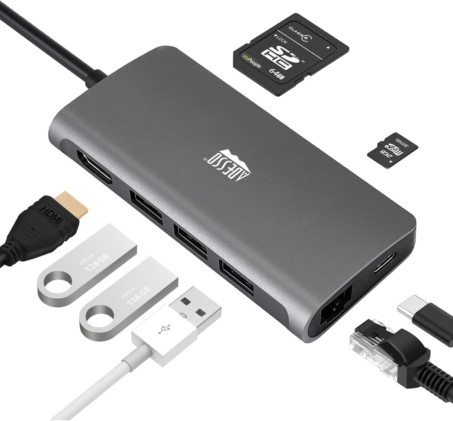 Adesso AUH-4030 8-in-1 USB-C Multiport Docking Station - HDMI 4K, RJ45, PD