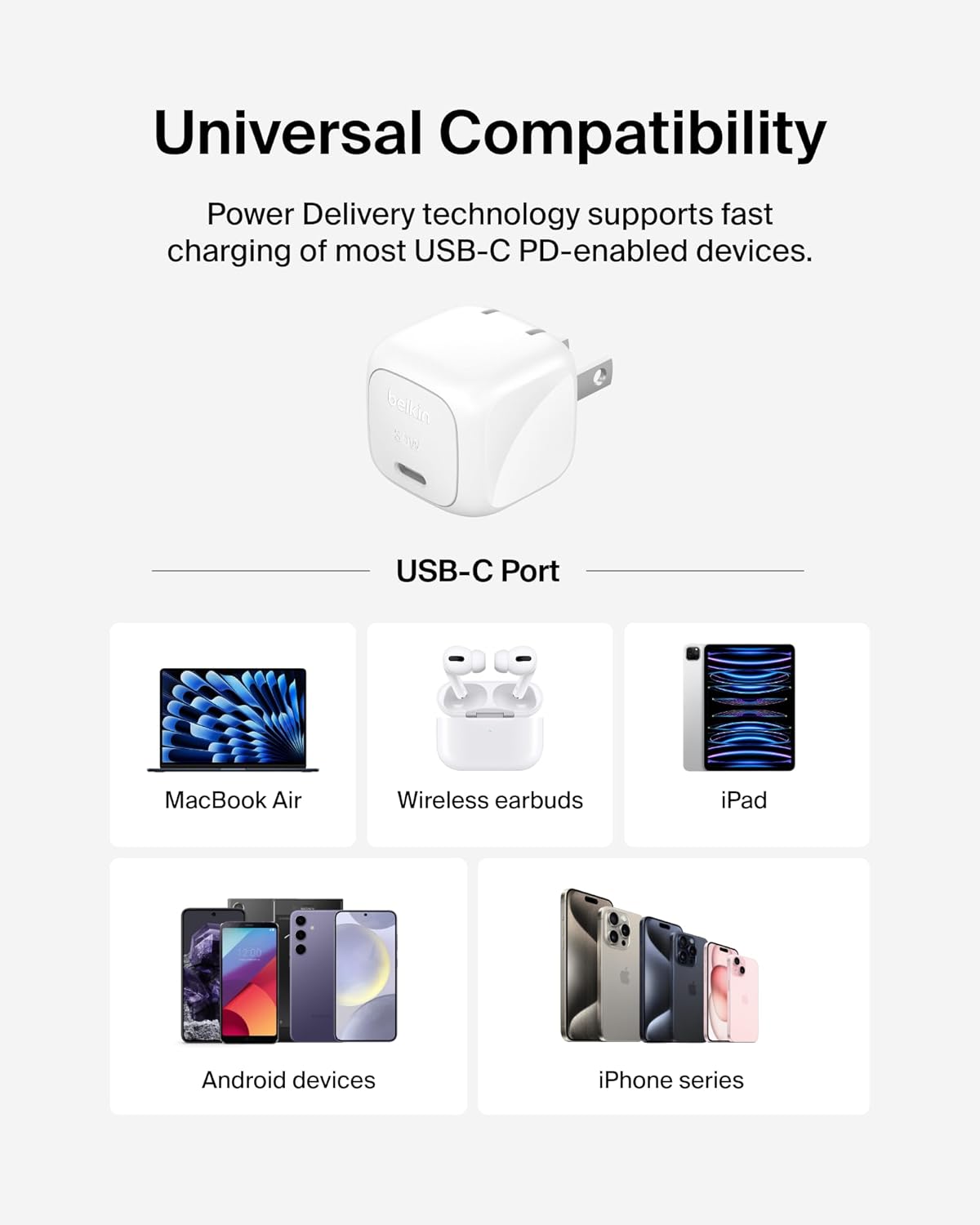 Belkin USB C Charger Block 30W, USB-C PD Super Fast Charging for Apple iPhone 16, 15, 14, Samsung Galaxy S25, Galaxy S24