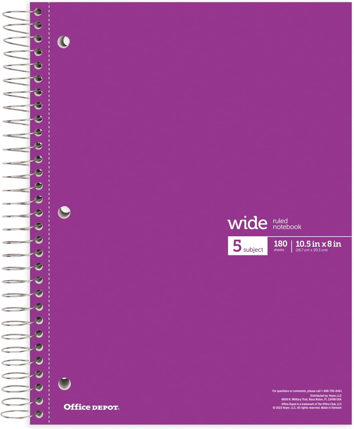 Office Depot® Wirebound Notebooks, 8" x 10-1/2", 5 Subjects, Wide Ruled, 180 Sheets, Assorted Colors, Pack Of 6 Notebooks