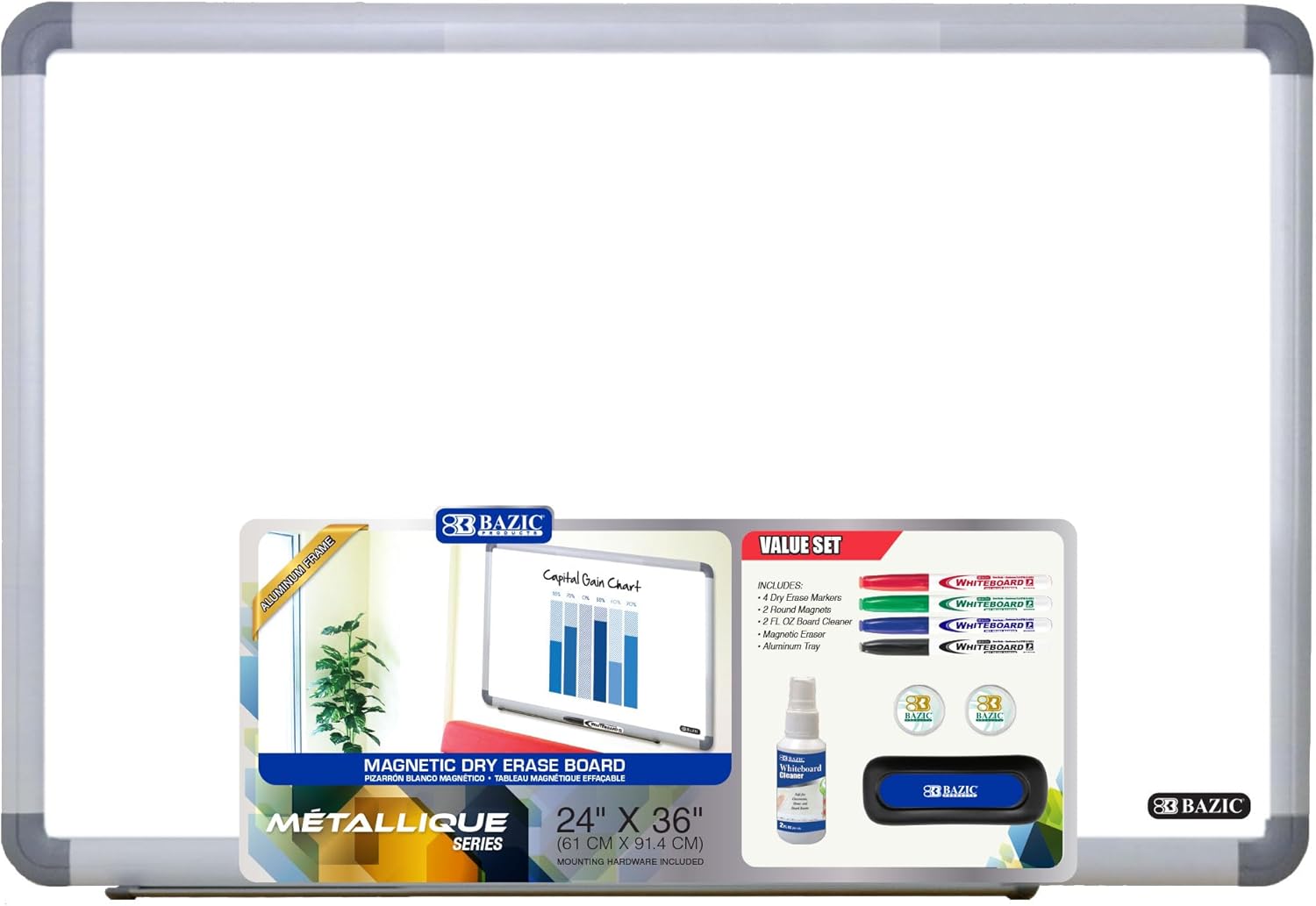 BAZIC Magnetic Dry Erase Board Aluminium Frame 24"x36", Whiteboard, Dry Erase Markers, Magnets, Board Cleaner
