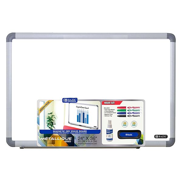 BAZIC Magnetic Dry Erase Board Aluminium Frame 24"x36", Whiteboard, Dry Erase Markers, Magnets, Board Cleaner, Magnetic Eraser, Aluminum Tray, 1-Pack Aluminum Frame (Value Set) 36"W x 24"H