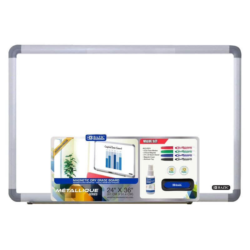 BAZIC Magnetic Dry Erase Board Aluminium Frame 24"x36", Whiteboard, Dry Erase Markers, Magnets, Board Cleaner, Magnetic Eraser, Aluminum Tray, 1-Pack Aluminum Frame (Value Set) 36"W x 24"H