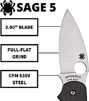 Spyderco Sage 5 Alzheimers Folding Knife - Black Carbon Fiber Laminate Handle, PlainEdge, Full-Flat Grind, CPM S30V Steel Blade - C123CFPCL