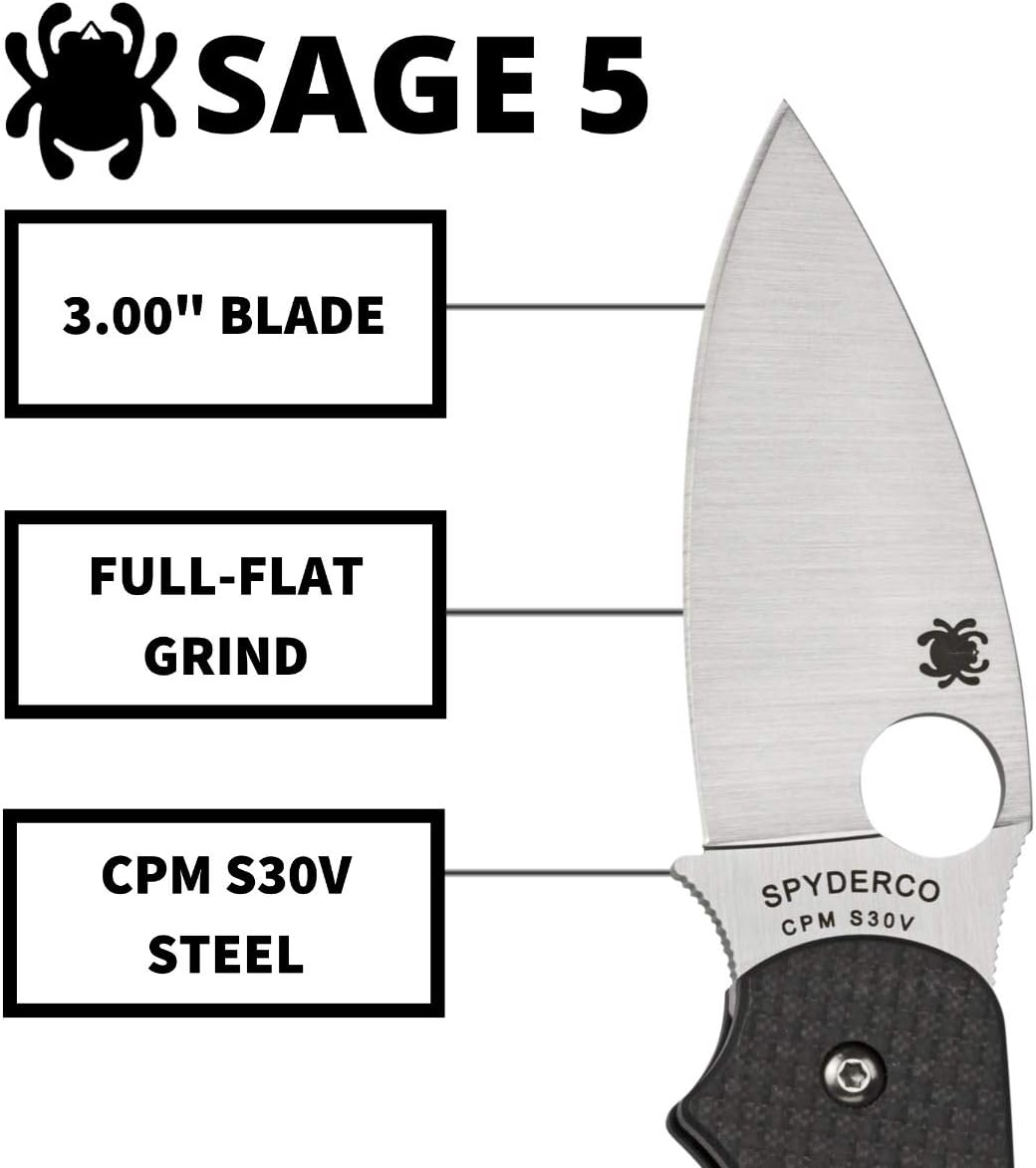 Spyderco Sage 5 Alzheimers Folding Knife - Black Carbon Fiber Laminate Handle, PlainEdge, Full-Flat Grind