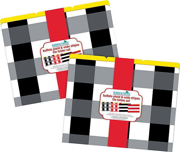 Barker Creek Designer File Folders Set of 24, Buffalo Plaid & Wide Stripes, Multi-Design Set with Plaids, Stripes on Outside, Yellow on Inside, Letter-Size, 1/3 Cut Tabs, 24 Folders in Set (3962)