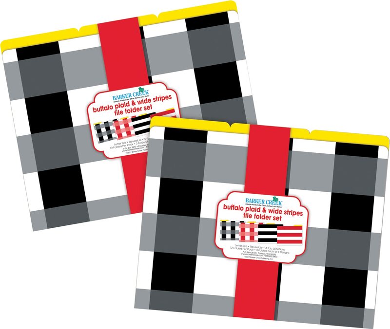 Barker Creek Designer File Folders Set of 24, Buffalo Plaid & Wide Stripes, Multi-Design Set with Plaids, Stripes on Outside, Yellow on Inside, Letter-Size, 1/3 Cut Tabs, 24 Folders in Set (3962)