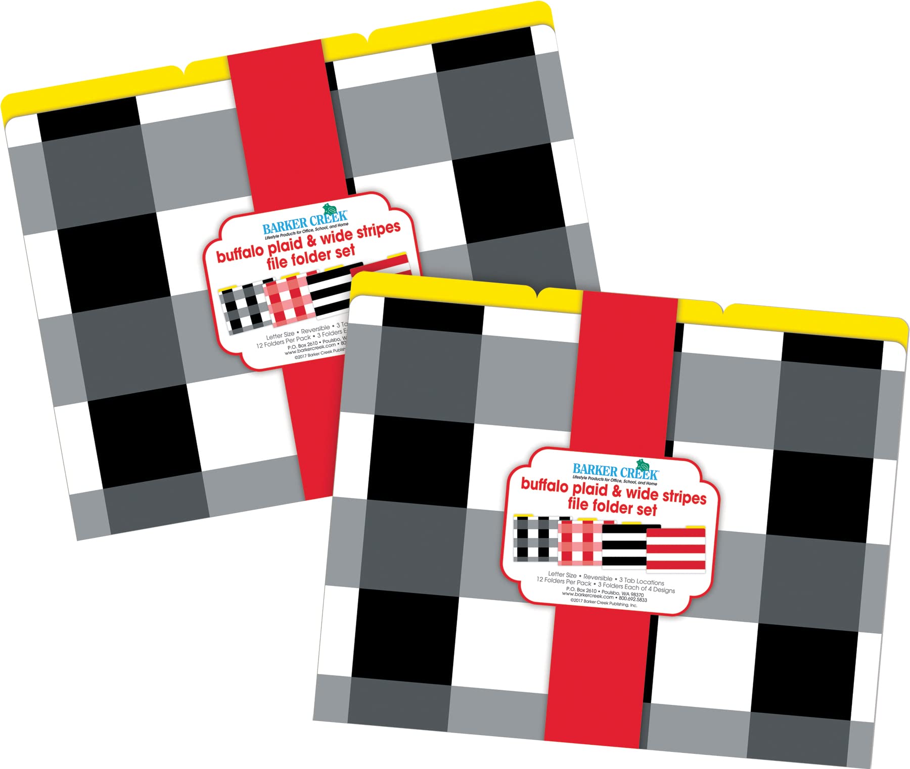 Barker Creek Designer File Folders Set of 24, Buffalo Plaid & Wide Stripes, Multi-Design Set with Plaids, Stripes on Outside