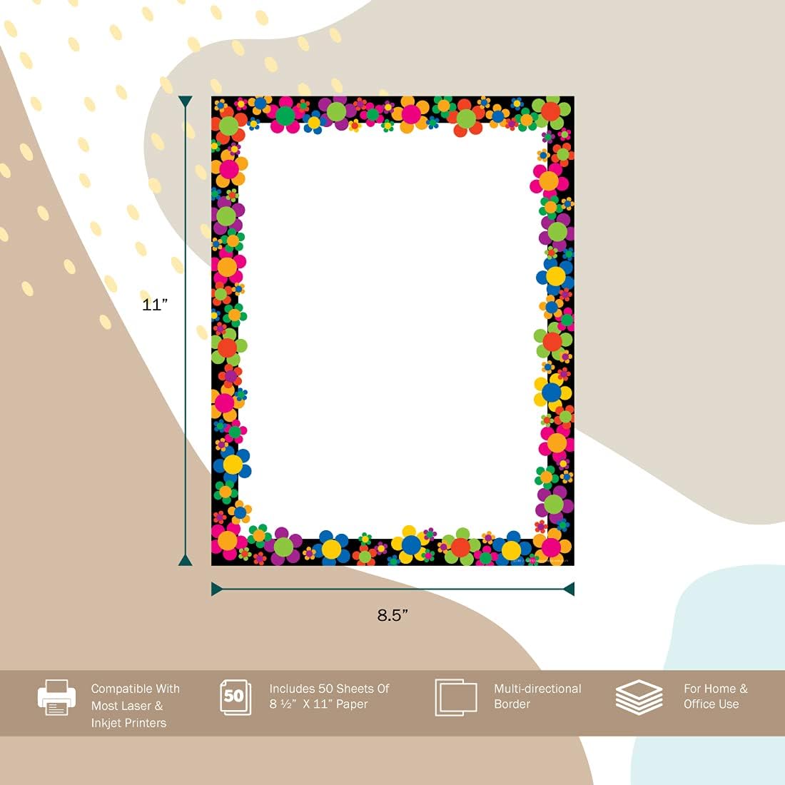 BARKER CREEK Designer Computer Paper, Neon Flower Power, 8.5” x 11”, Decorative Printer Paper, Stationery, 50 Sheets per Pkg