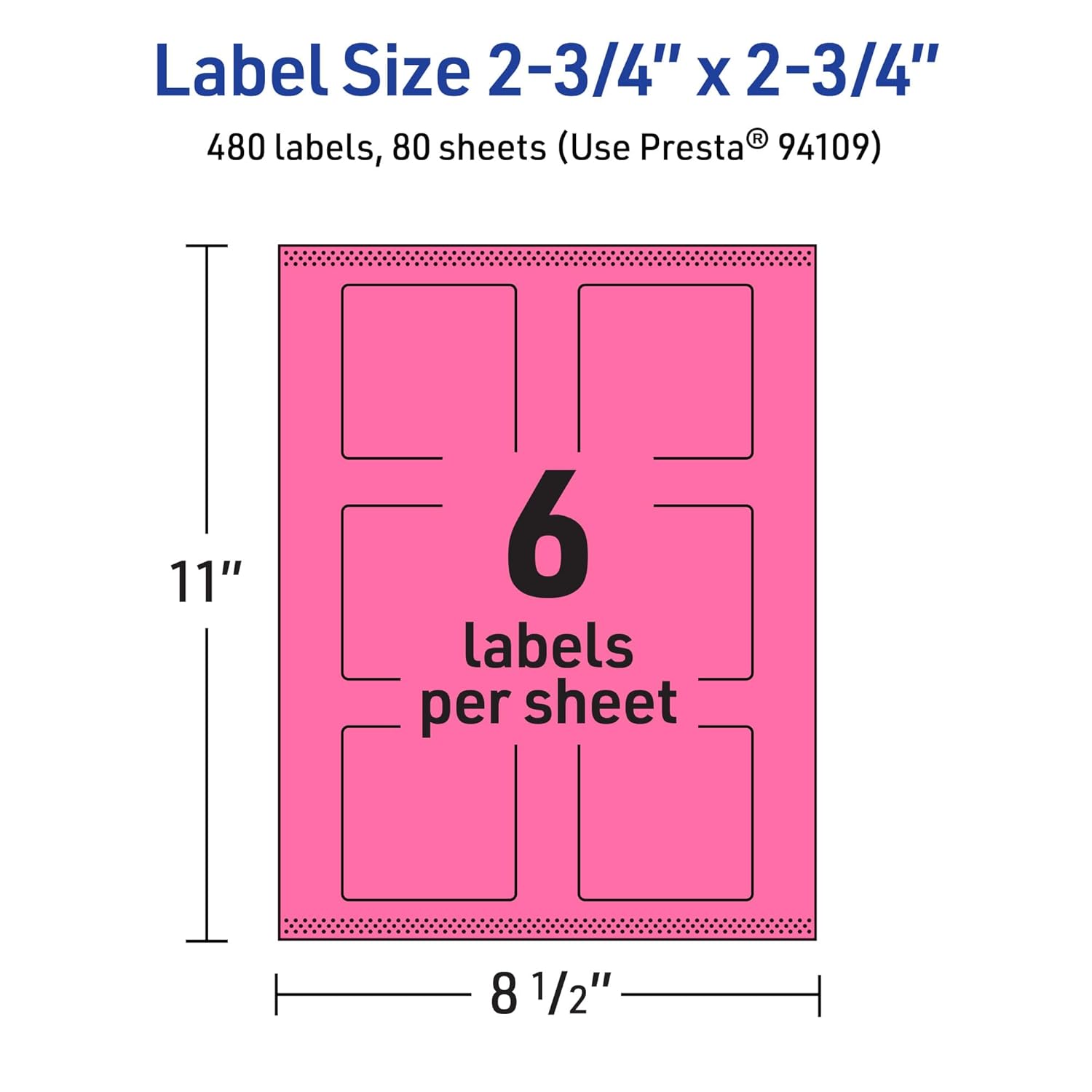 AVERY Bright Pink Square Labels, 2-3/4 in, Print-to-the-Edge, Sure Feed