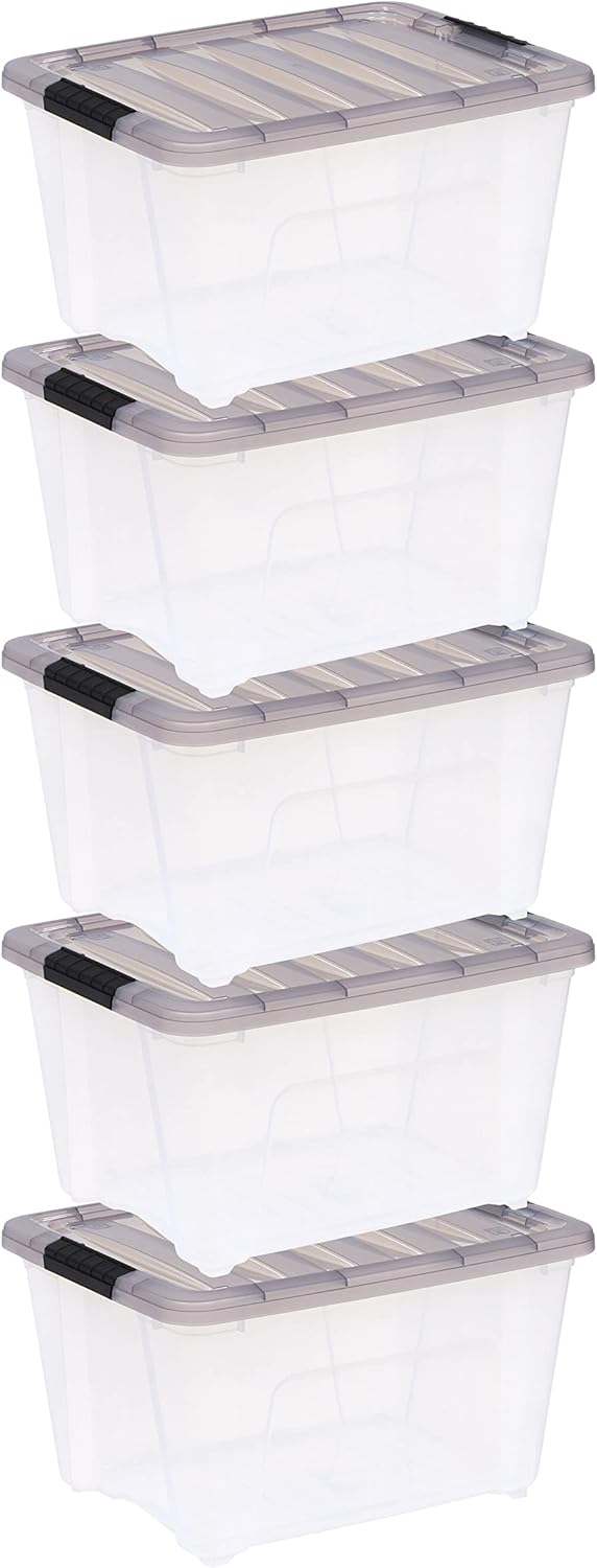 IRIS USA 5 Pack 32 Quart Stack & Pull™ Clear Plastic Storage Box with Buckles, Gray