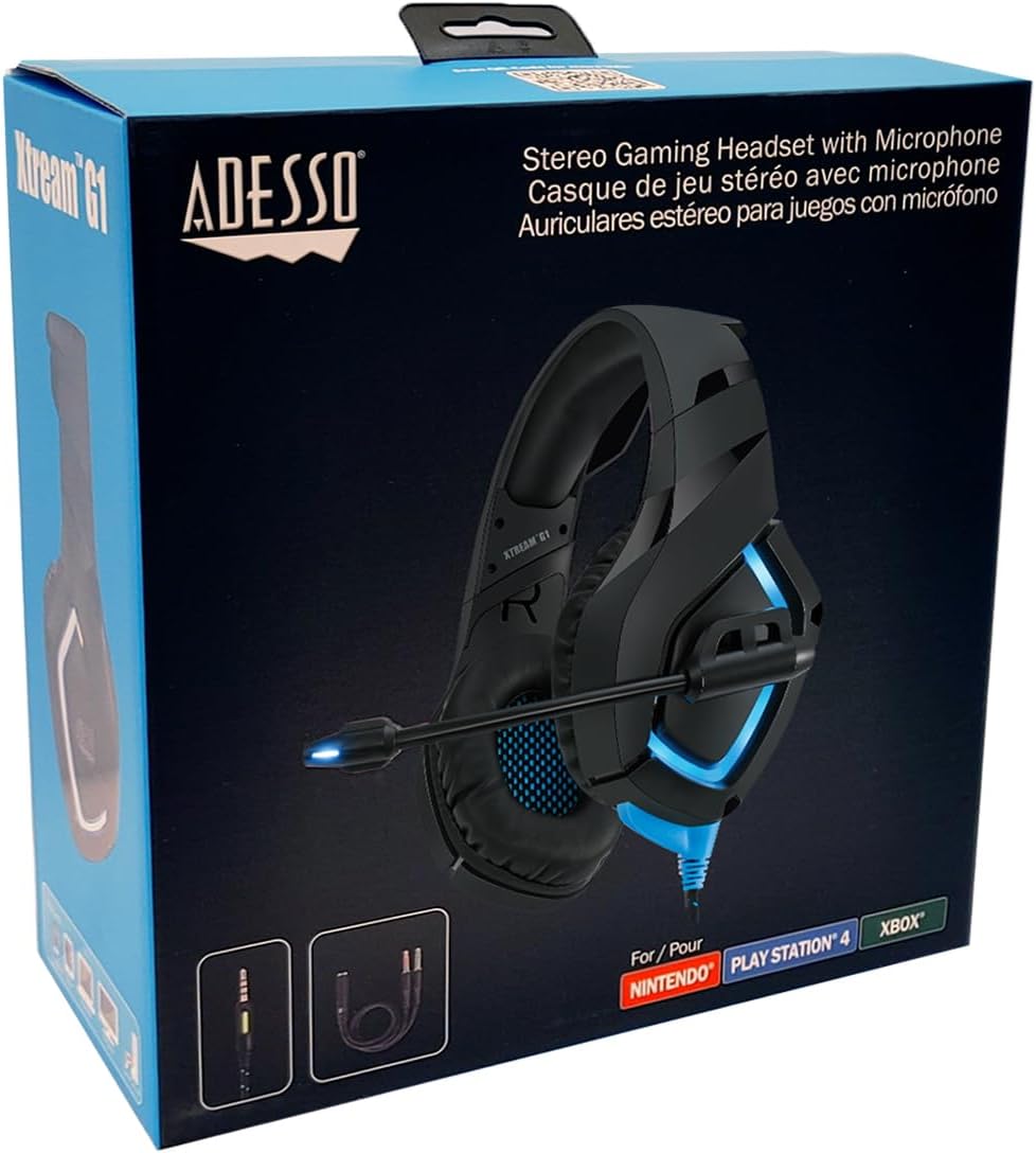 ADESSO Xtream Gaming Headset with 50 mm Drivers, Noise Cancelling Microphone and LED Lighting