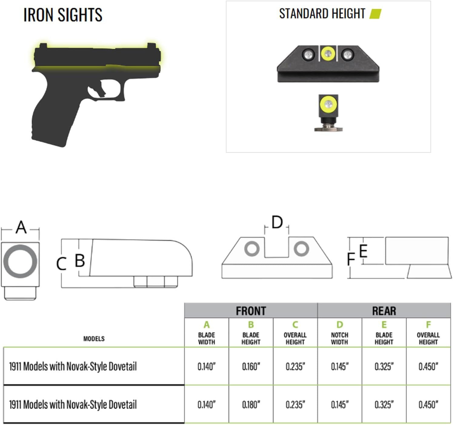 NIGHT FISION Standard Height Perfect Dot Tritium Night Sight Set for 1911