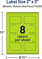 Avery Printable Rectangle Labels, Sure Feed Technology, 2" x 3", Bright Green