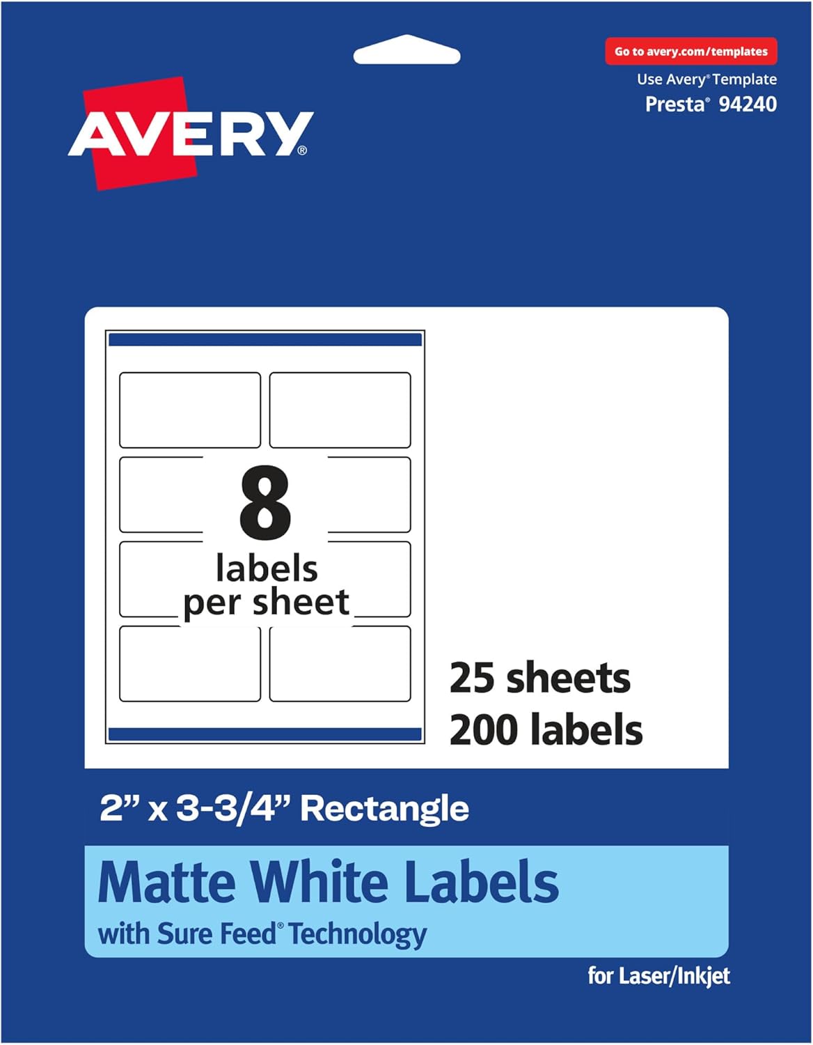 Avery Matte White Rectangle Labels, Sure Feed Technology, 2" x 3.75"
