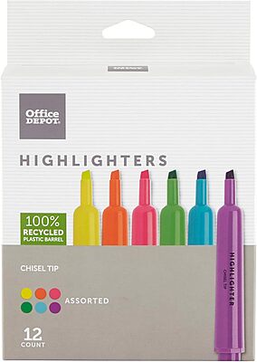 Office Depot Brand Chisel-Tip Highlighters, 100% Recycled Plastic Barrel, Assorted Fluorescent Colors, Pack Of 12