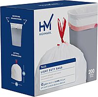 Highmark Tall 0.6 mil Drawstring Kitchen Trash Bags, 13 Gallon, 27.375in x 24in, White, Box Of 200