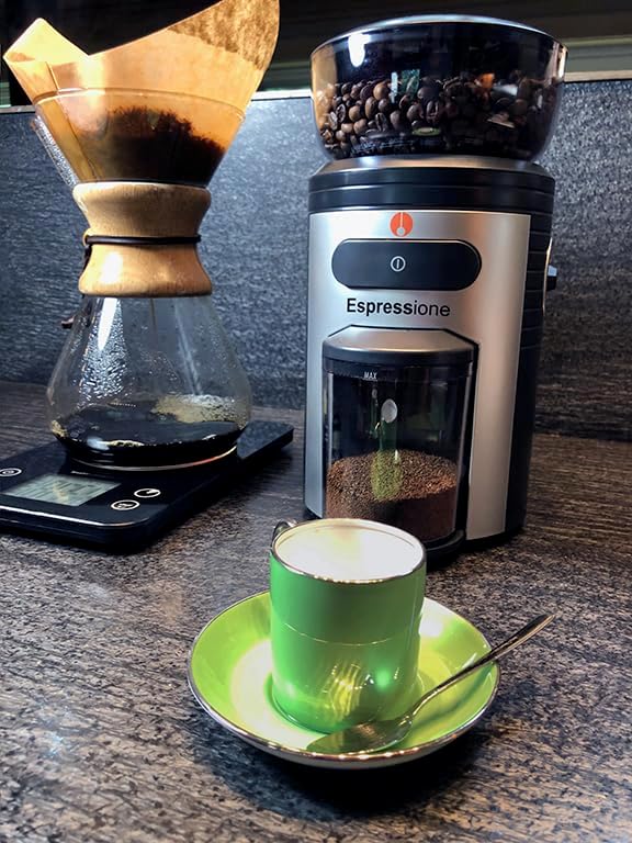 Espressione Professional Conical Burr Coffee Grinder, 8.5-Oz Hopper, 15-Level, Black/Silver
