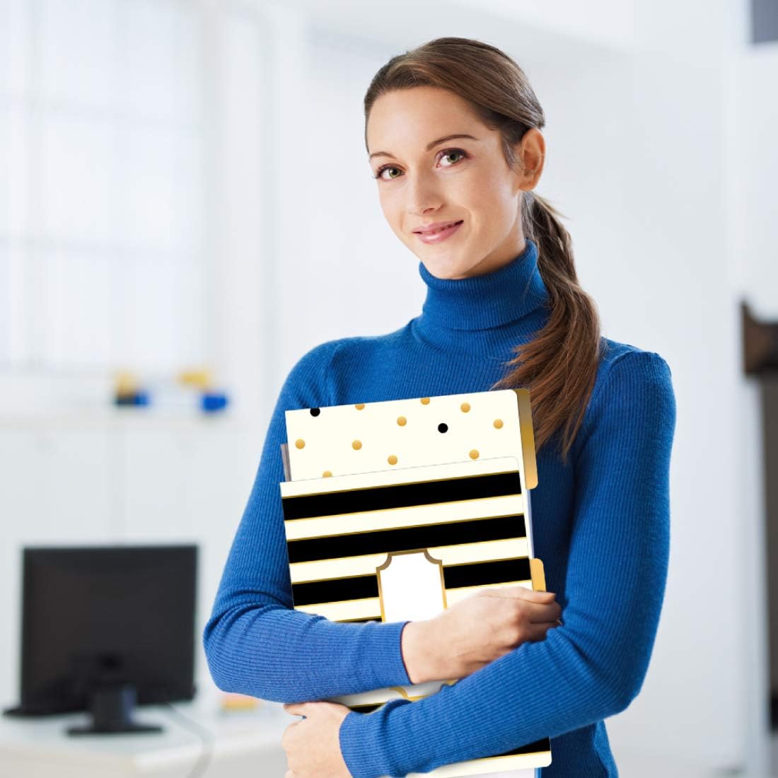 BARKER CREEK Designer File Folders Set of 12, Gold, Multi-Design Set with Gold on Outside, Cream on Inside