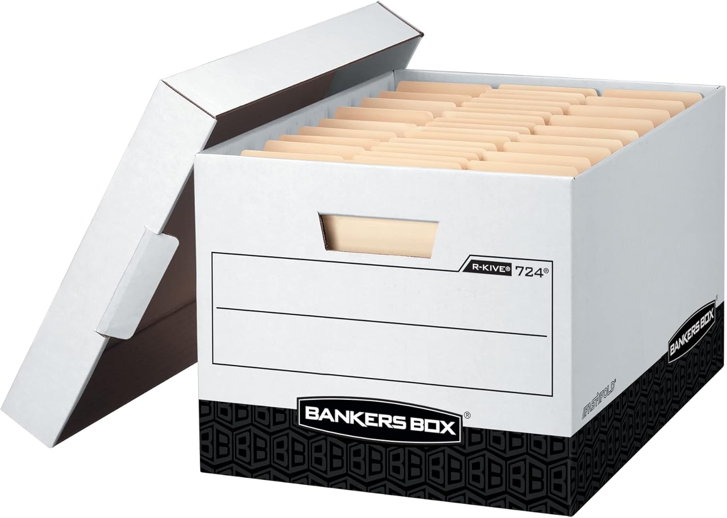 Bankers Box 12 Pack R-KIVE Heavy-Duty File Storage Boxes, FastFold, Lift-Off Lid, Letter, White/Black