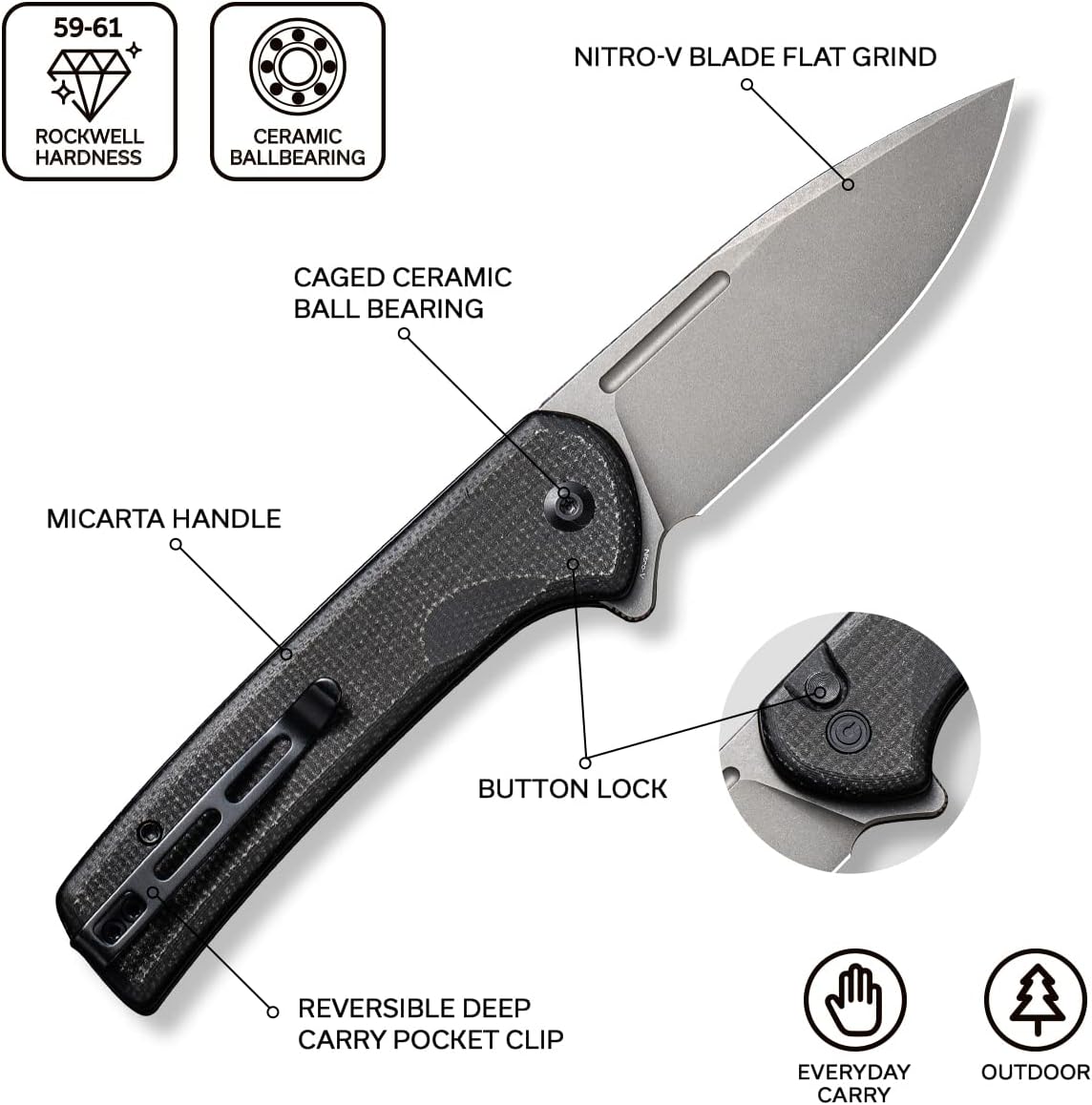 CIVIVI Conspirator Pocket Folding Knife 3.48in Blade, Micarta Handle, Button Lock