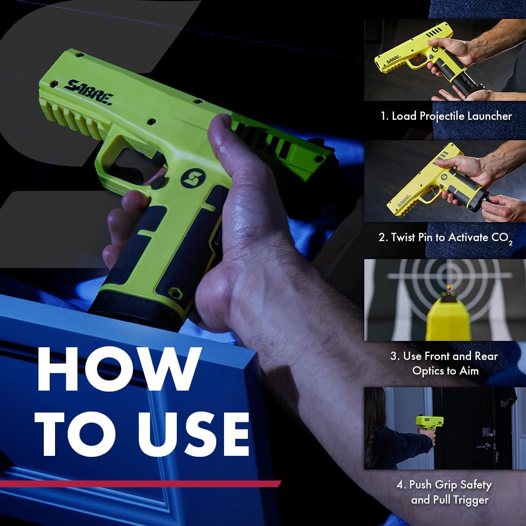 SABRE Pepper Projectile Launcher, Home Defense. Mag holds 7 .68 Caliber projectiles, Adjustable Fiber Optic Sights