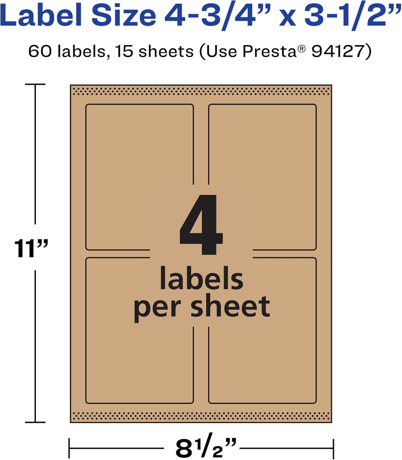 Avery Kraft Brown Rectangle Labels, Sure Feed Technology, 4.75" x 3.5", 60 Kraft Brown Labels, Print-to-The-Edge
