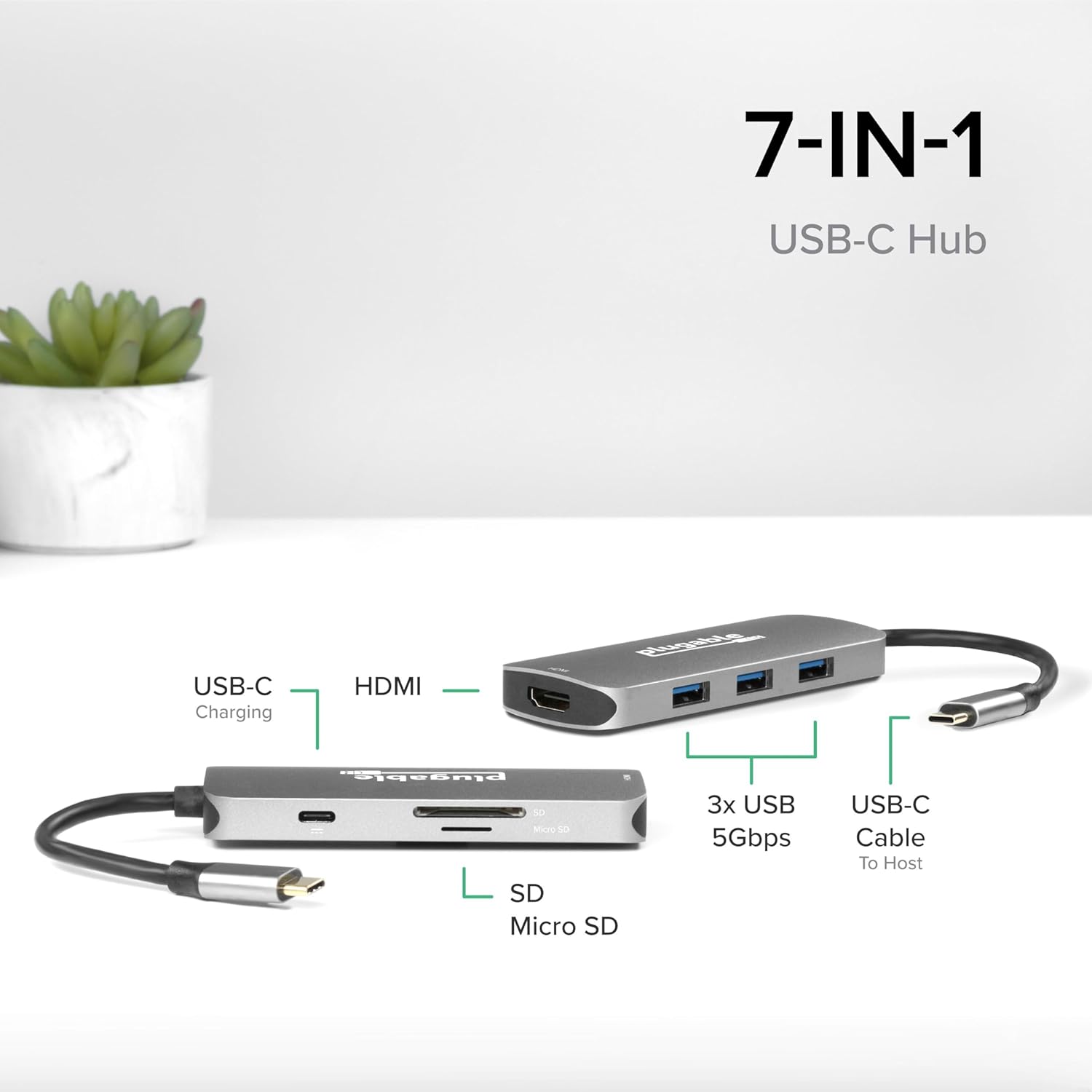 Plugable USB-C Hub 7-in-1, Driverless USB C Hub Compatible with Mac, Windows, Chromebook, USB4, Thunderbolt 4