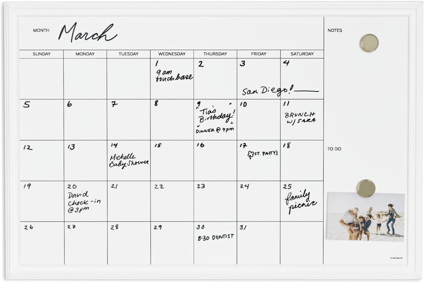 U BRANDS Magnetic Dry Erase Calendar Board, White Wood Frame
