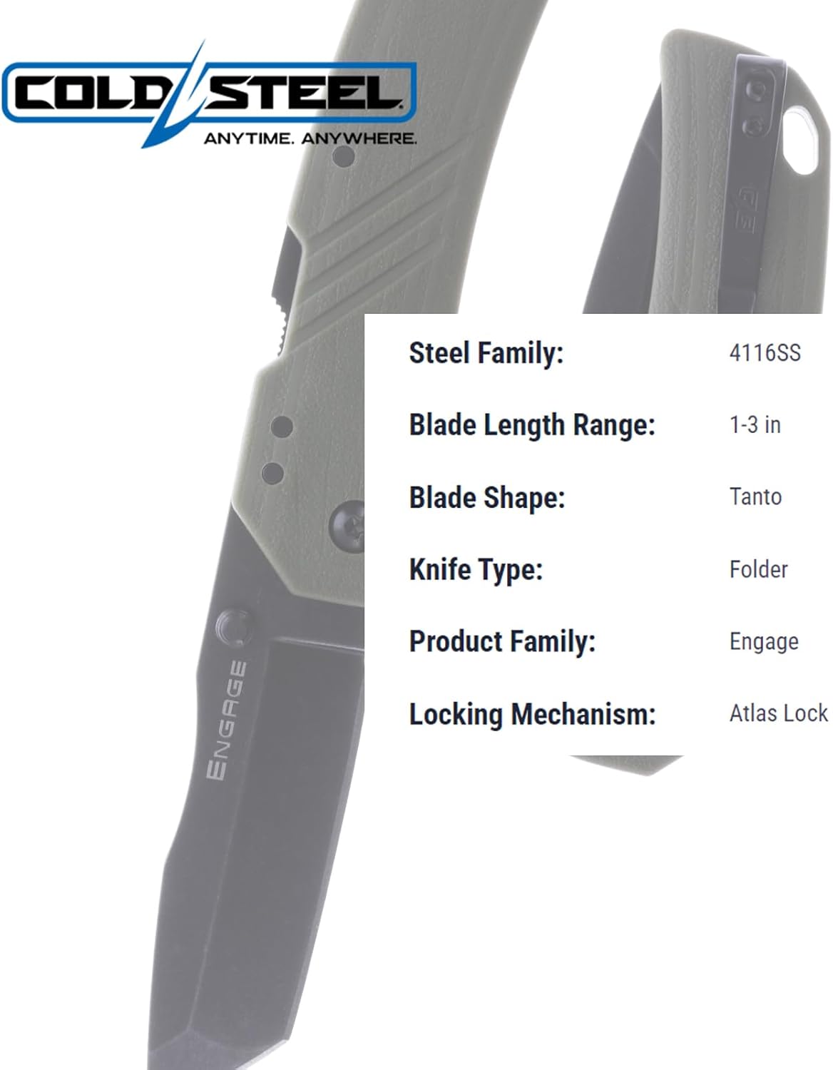 COLD STEEL Engage 3" 4116SS Razor-Sharp Tanto Point Blade 4.25" GFN Handle Everyday Carry Tactical Folding Knife with Atlas