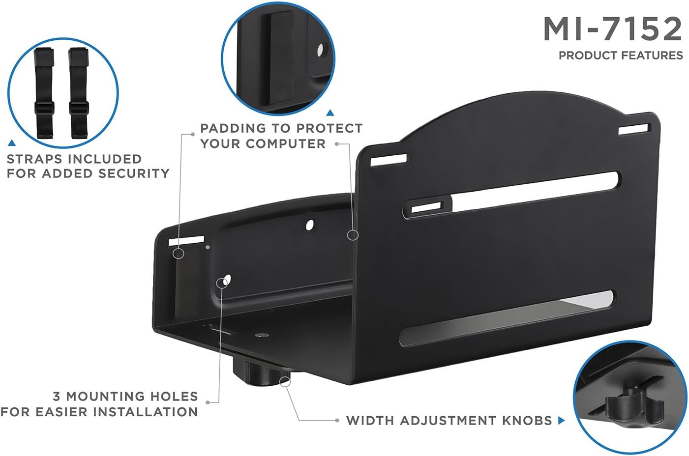 Mount-It! CPU Wall Mount Bracket, Desktop Computer Tower Holder with Safety Straps, Heavy Duty Size Adjustable CPU Holder