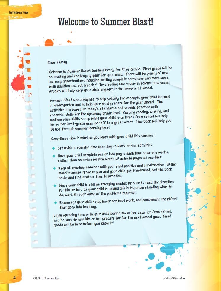 Summer Blast: Getting Ready for First Grade – Full-Color Workbook for Kids Ages 5-7 - Reading, Writing, Art, and Math Worksheets - Prevent Summer Learning Loss – Parent Tips