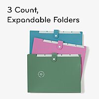 U Brands U-Eco 6 Pocket Poly Expandable Folder, Set of 3, Assorted Brights, Snap Button Closure, Letter Size (6592U01-12)