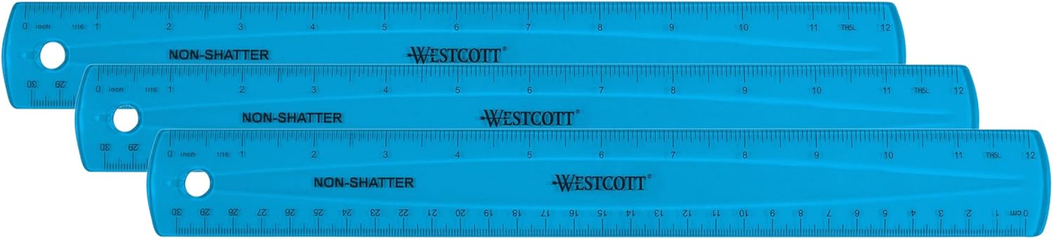 Westcott Shatterproof Ruler, Assorted Translucent Colors, 12" (Pack of 3) Single (Pack of 3) Shatterproof