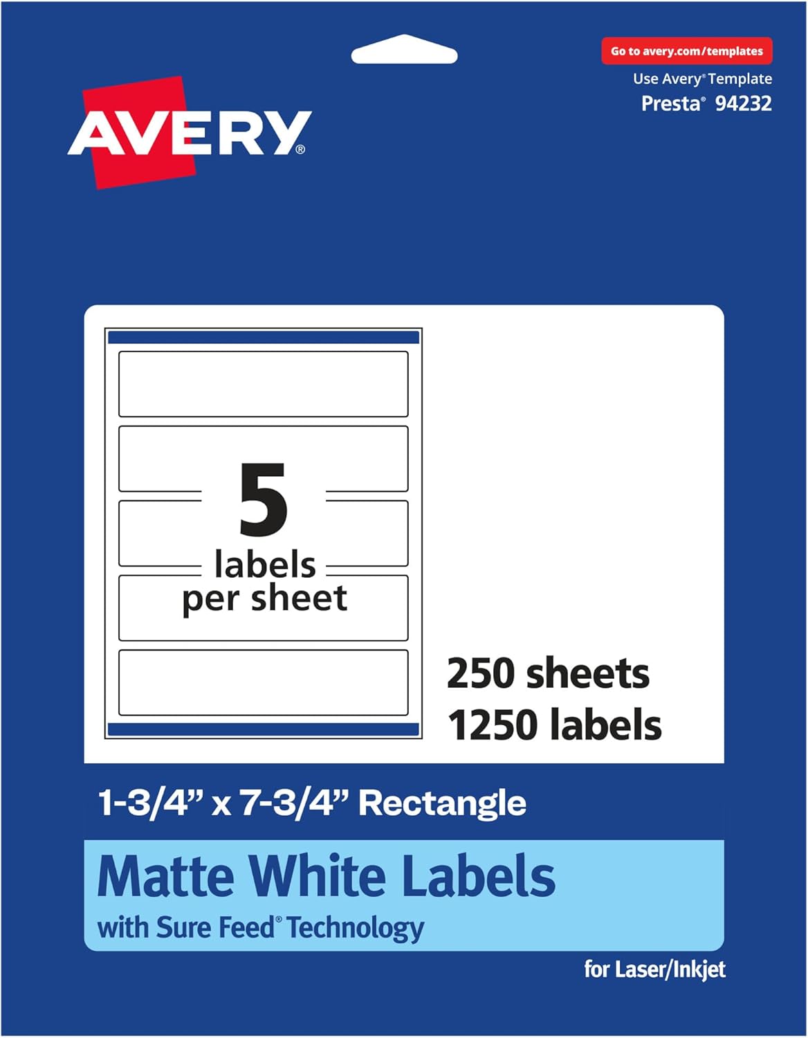 AVERY Matte White Rectangle Labels, Sure Feed Technology, 1.75" x 7.75"