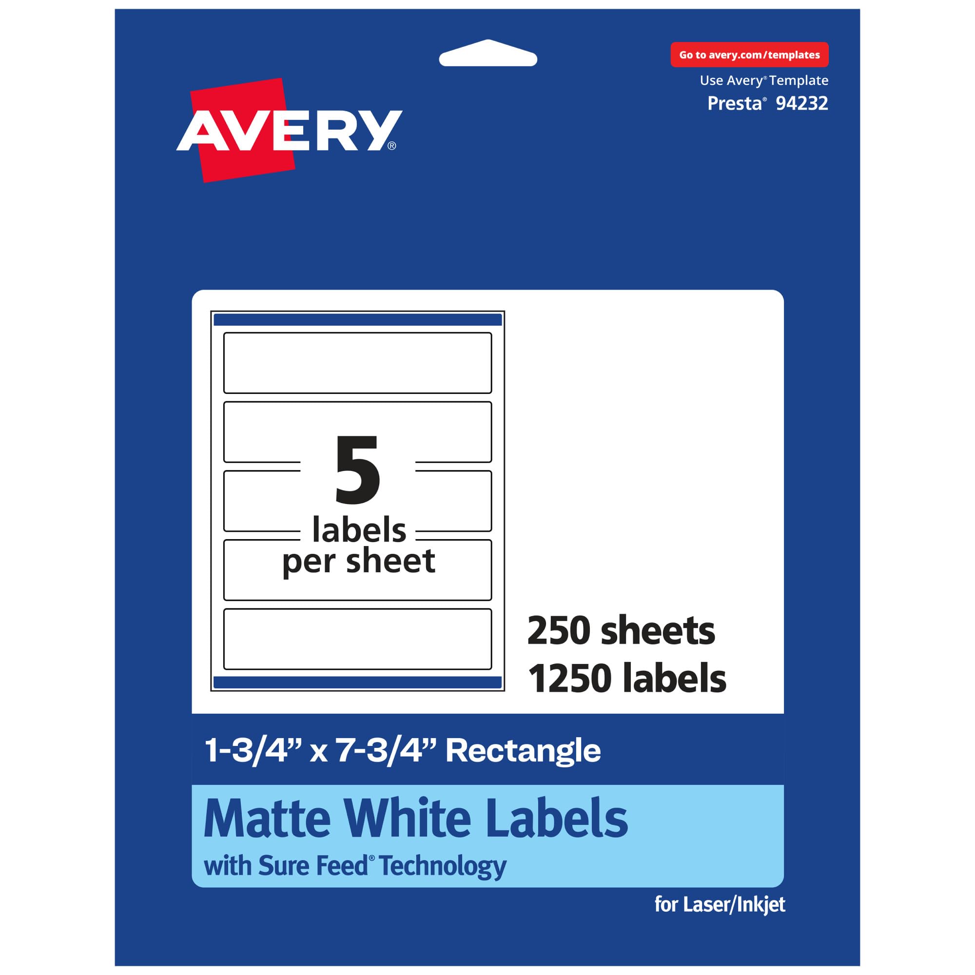 AVERY Matte White Rectangle Labels, Sure Feed Technology, 1.75" x 7.75"