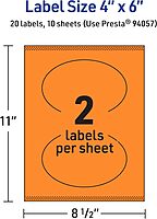 Avery Printable Oval Labels, Sure Feed Technology, 4" x 6", Bright Orange, Print-to-the-Edge, Laser/Inkjet