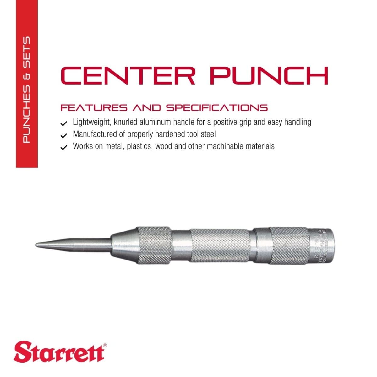 Starrett Automatic Center Punch with Adjustable Stroke - 125mm Length, 16mm Diameter Tapered Point - 818 125mm x 16mm