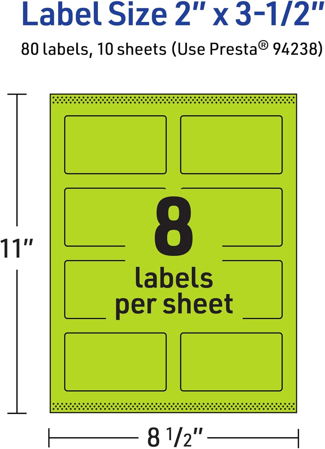 Avery Printable Rectangle Labels, Sure Feed Technology, 2" x 3-1/2", Bright Green Labels, Print-to-The-Edge, Laser/Inkjet Printable, 80 Total, Great for Mailing and Candles 80 labels