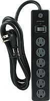 GE General Purpose 6-Outlet Surge Protector, 6 ft Extension Cord, 800 Joules, Twist-to-Close Safety Outlet Covers, Flat Plug, Protected Indicator Light, Integrated Circuit Breaker, Black, 14091